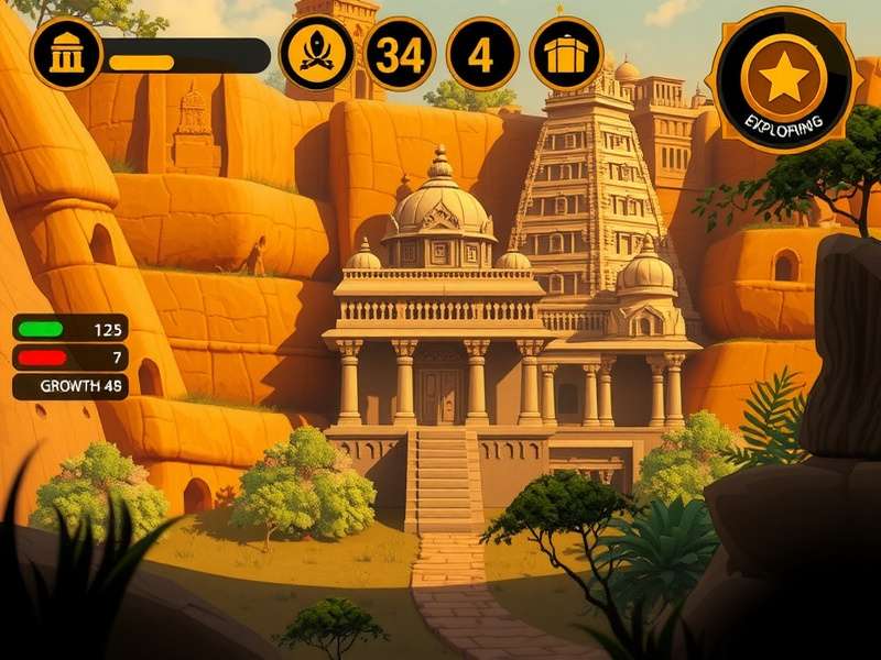 Sindhu Valley Gold Fever exploration mechanics showing ancient Indian temple